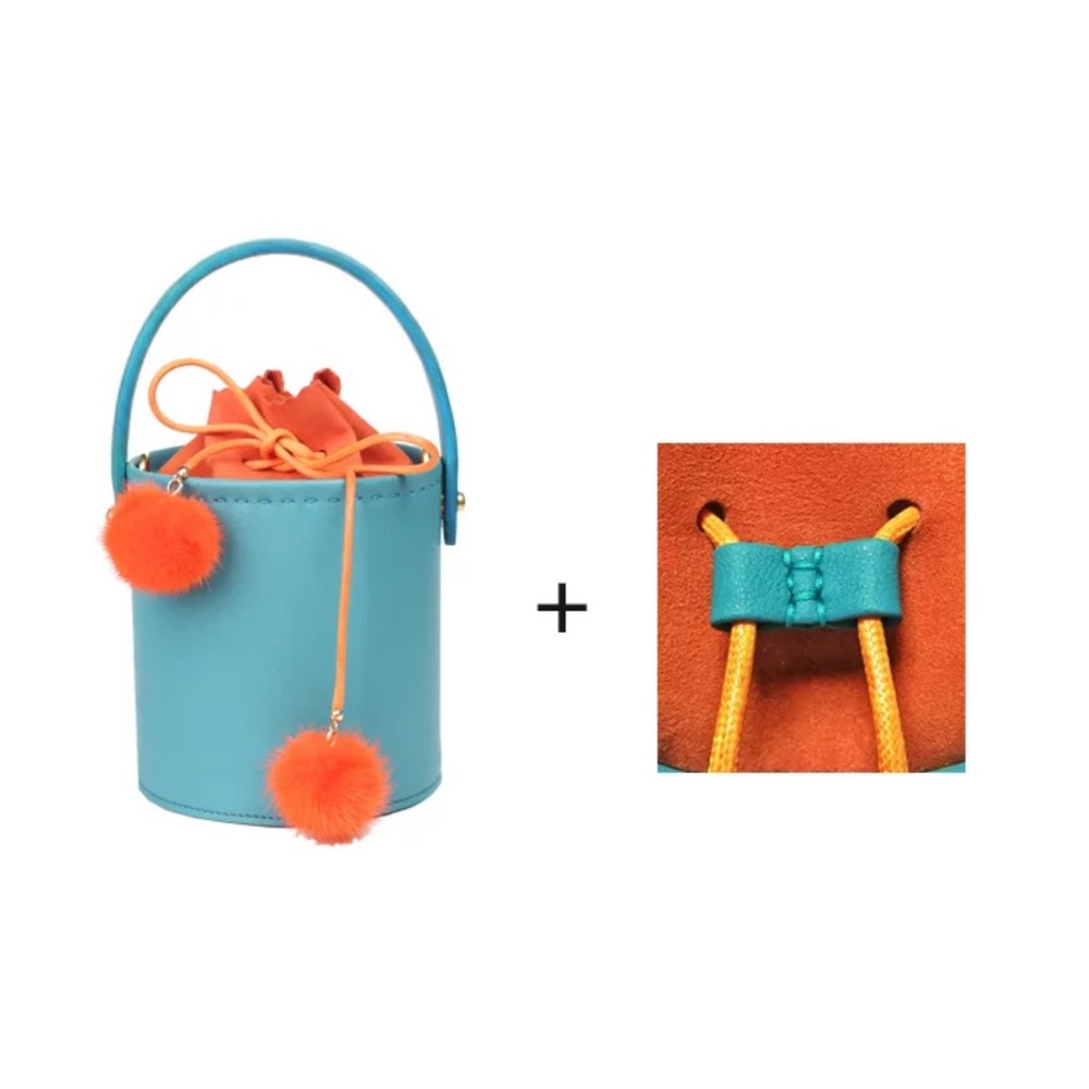(Free Gift with $220+ Purchase) Peacock Blue & Orange Leather Bucket Bag